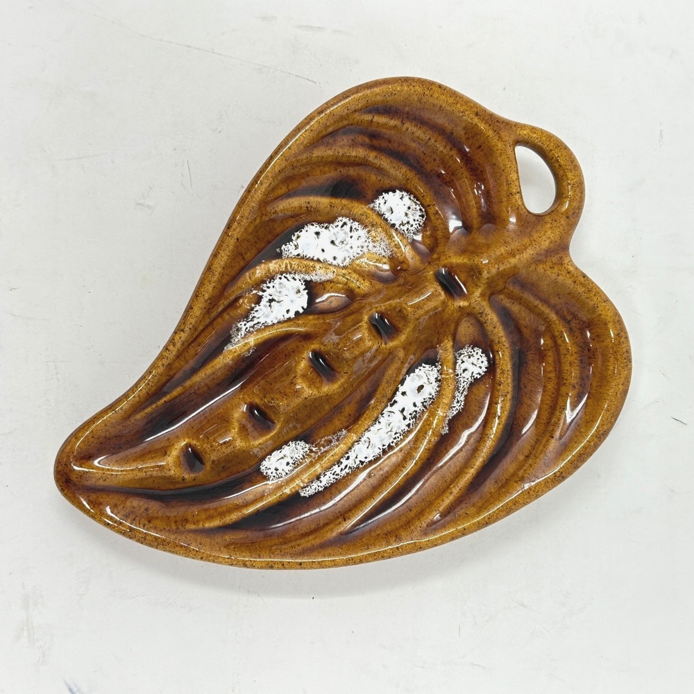 Vintage Mid Century Brown Ceramic Leaf Ashtray Drip Glaze Monstera Trinket Dish